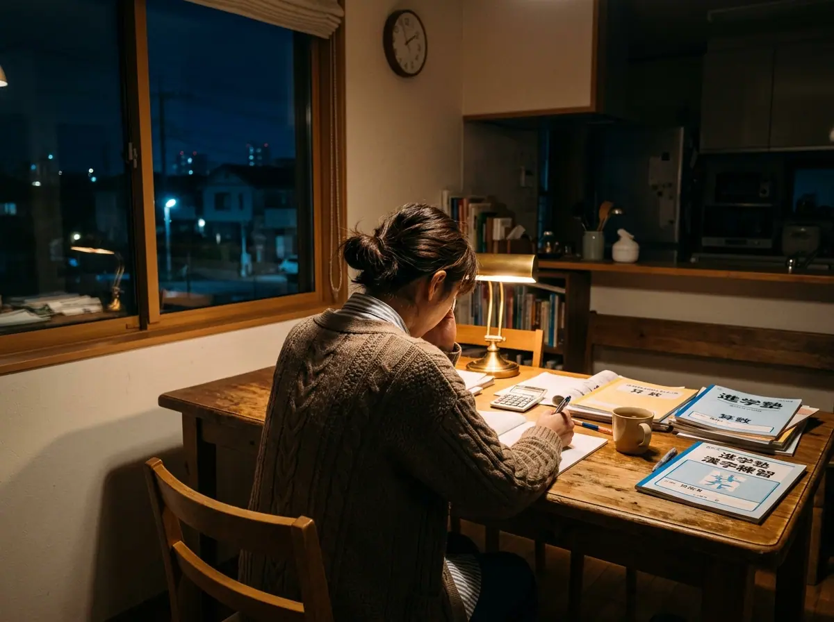 夜遅くに宿題と向き合い悩む保護者の後ろ姿