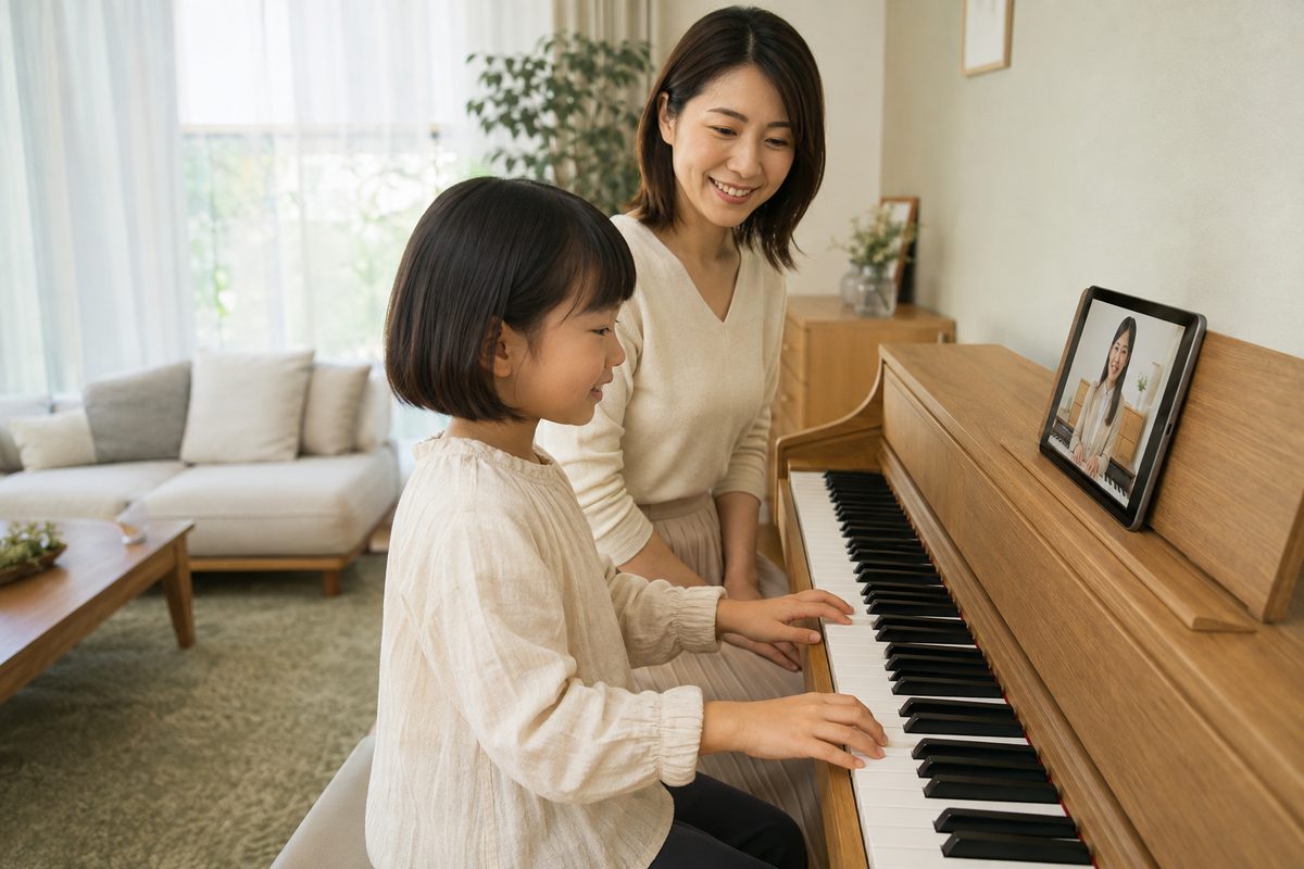 自宅で母親に見守られながら、オンラインでピアノを習うお子さまのイメージ