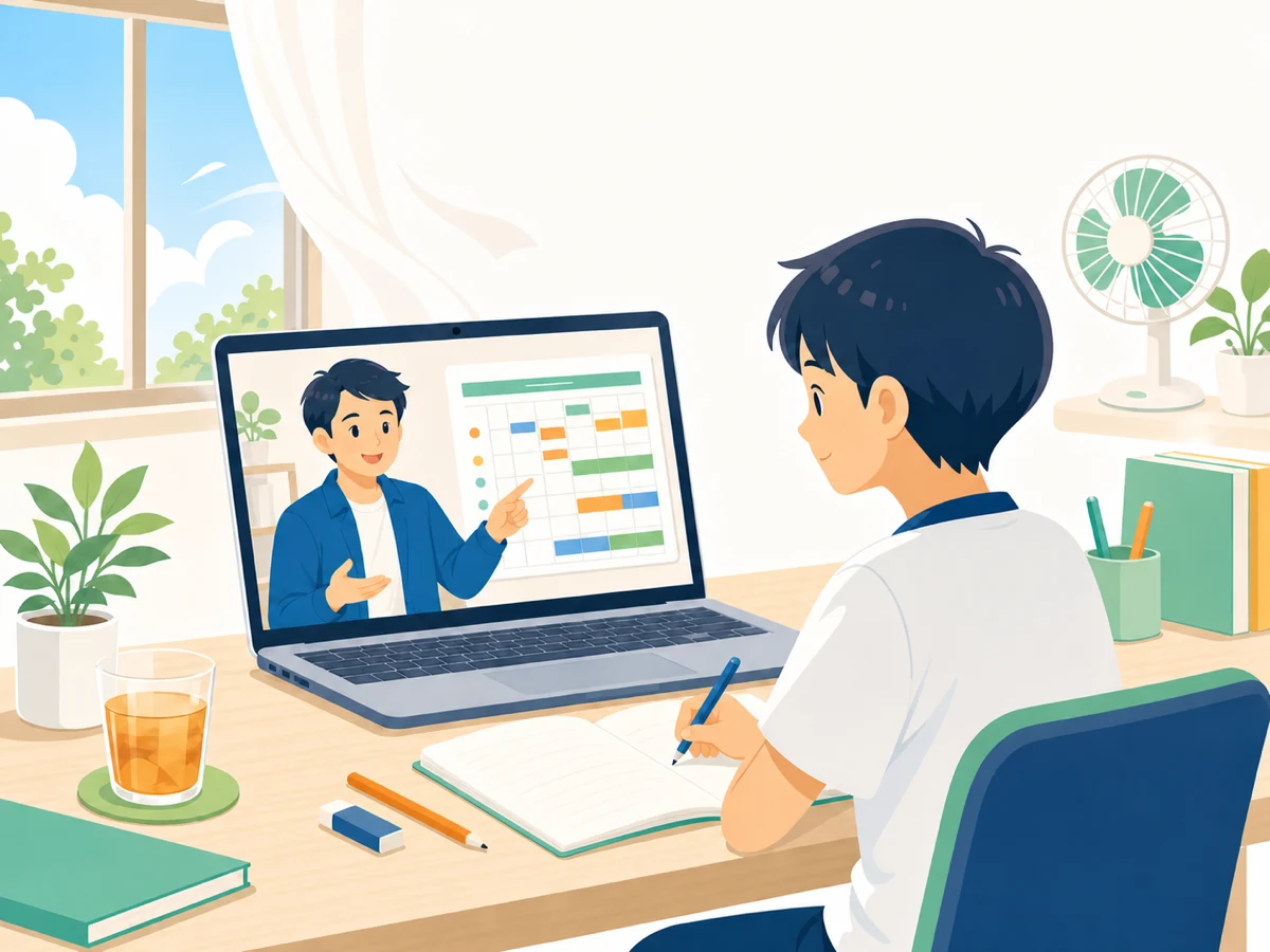 講師が学習計画表を見せながら中学生に説明するイメージ