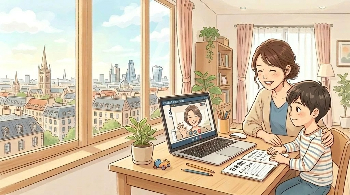 海外在住の日本人家庭がオンラインで学ぶイメージ