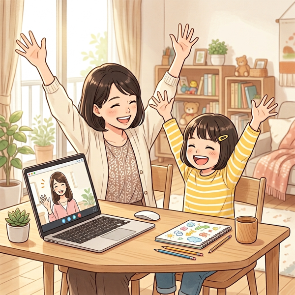 海外在住の家族がオンラインレッスンで喜ぶイメージ